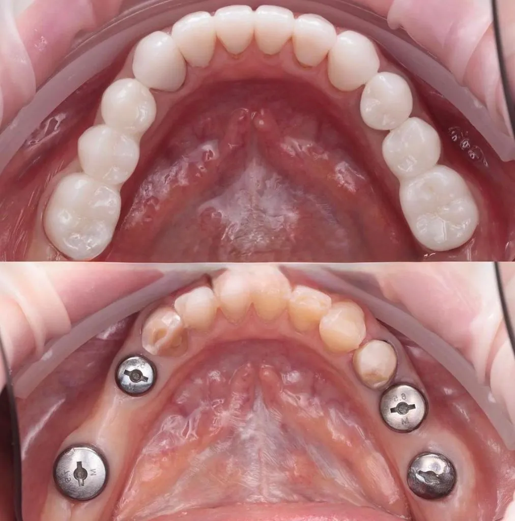 Occlusal view of dental implants placed in the jaw and the finished implant-supported bridge