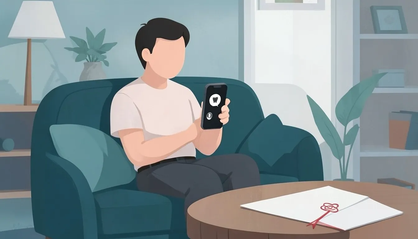 Illustration: a person at home on the sofa reading a message from the clinic on the phone, a written guarantee on the table