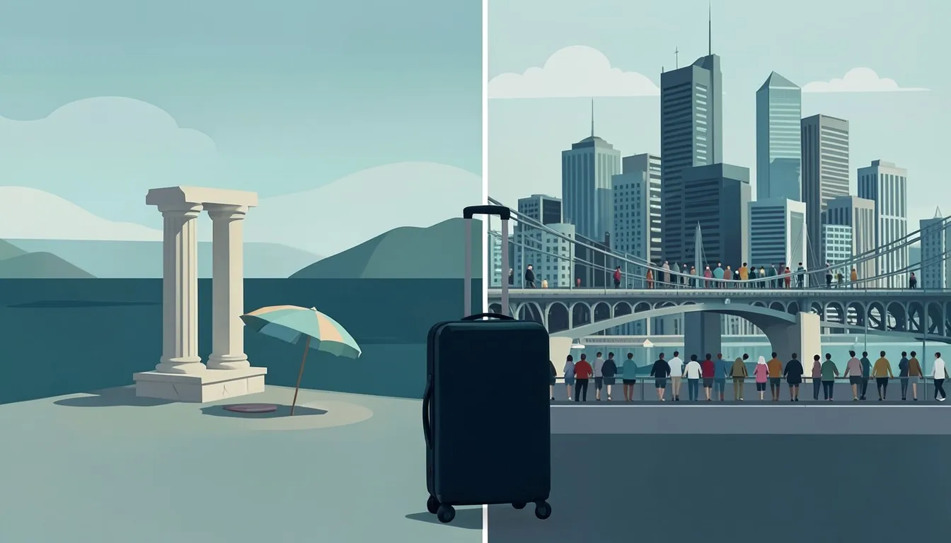 Illustration: a quiet Mediterranean coast with an ancient column on one side, a crowded city skyline on the other, a suitcase in between