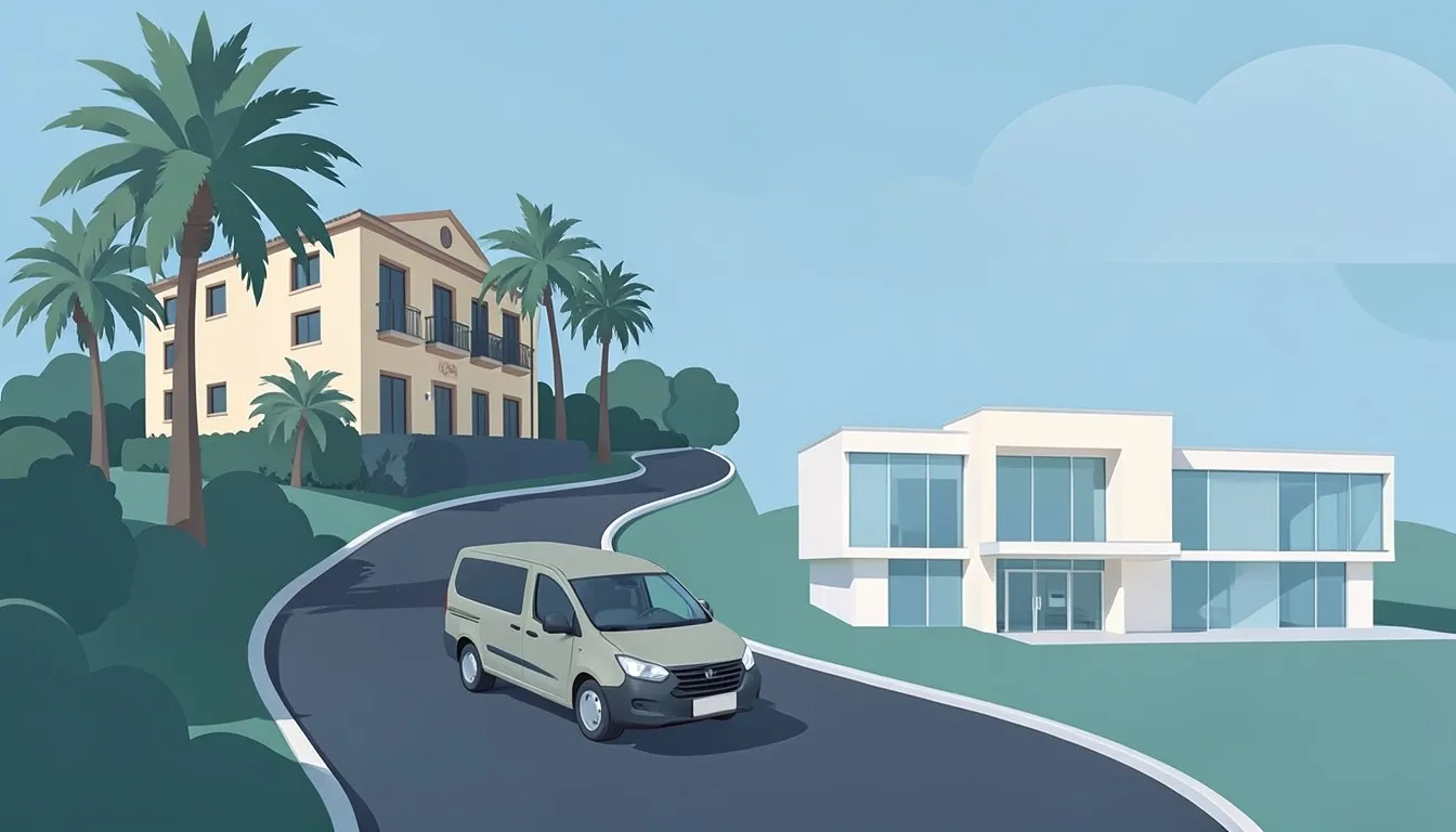 Illustration: a transfer van on a winding road between a hotel with palm trees and a modern clinic building