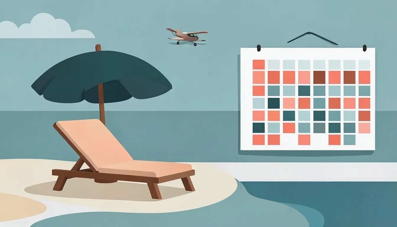 Illustration: a sun lounger and parasol by the pool, a plane in the sky and a calendar with a few days marked