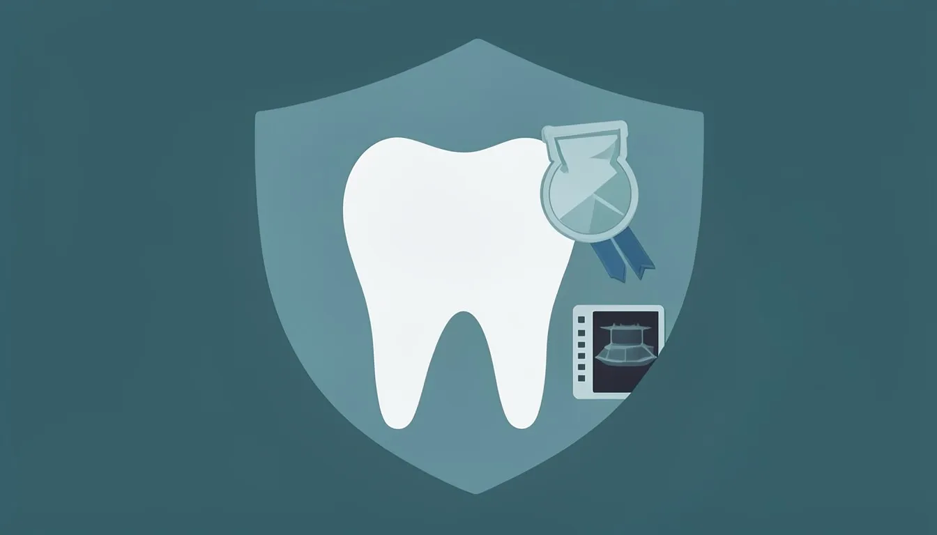 Illustration: a shield with a tooth, a medal and a panoramic X-ray