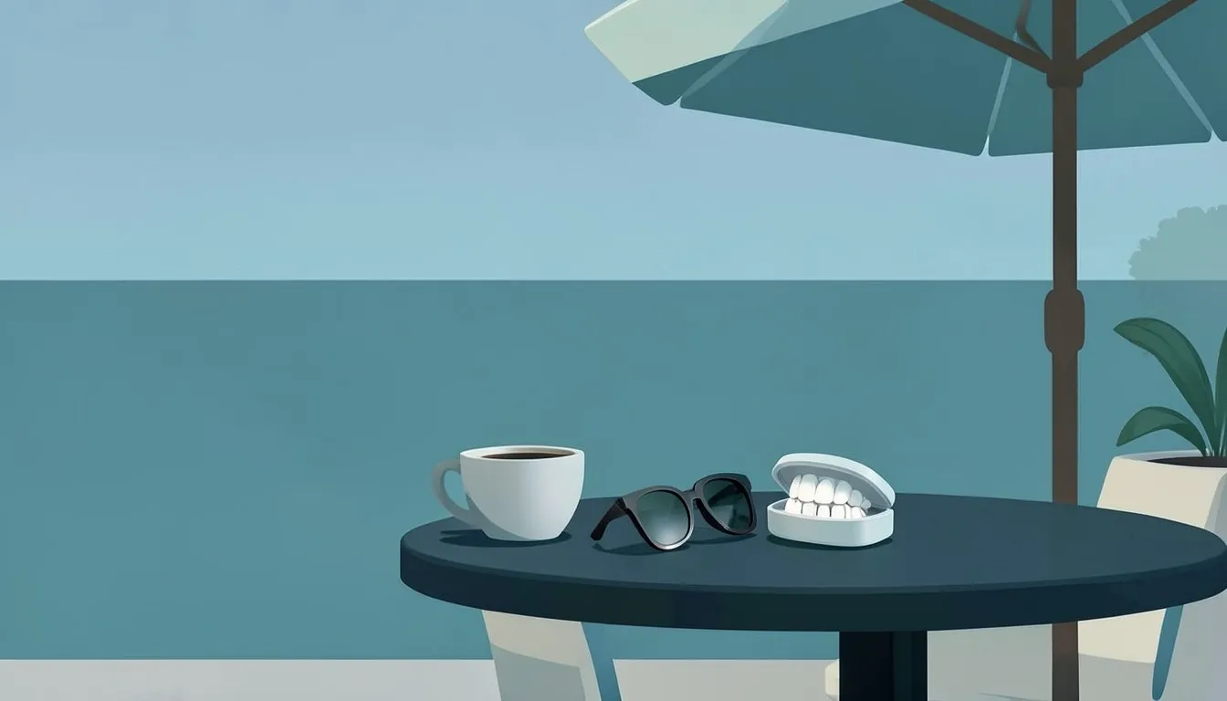 Illustration: a seaside cafe table with a coffee, sunglasses and a small case holding a set of temporary teeth