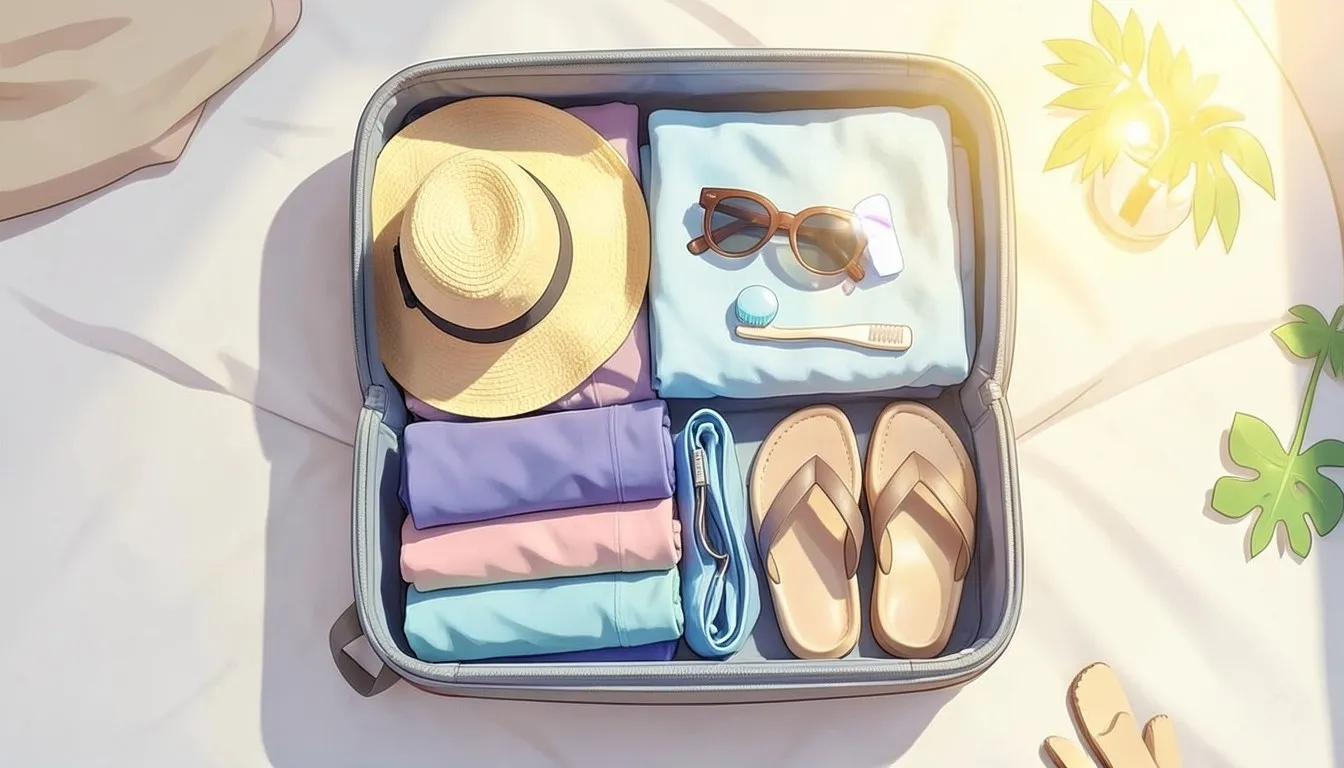 Illustration: an open suitcase packed for a beach holiday with a sun hat, sunglasses, a soft toothbrush and sandals